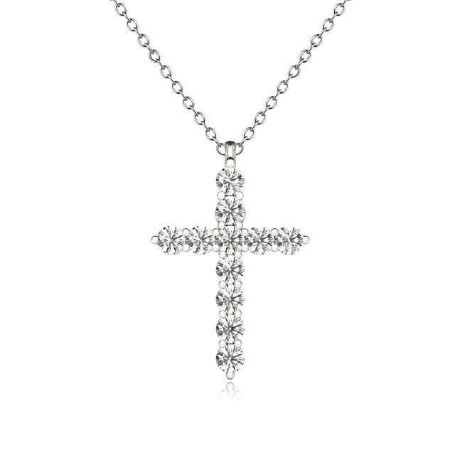 Sterling Silver Round Moissanite Cross Pendant Necklace-1