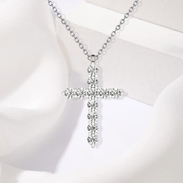 Sterling Silver Round Moissanite Cross Pendant Necklace-3