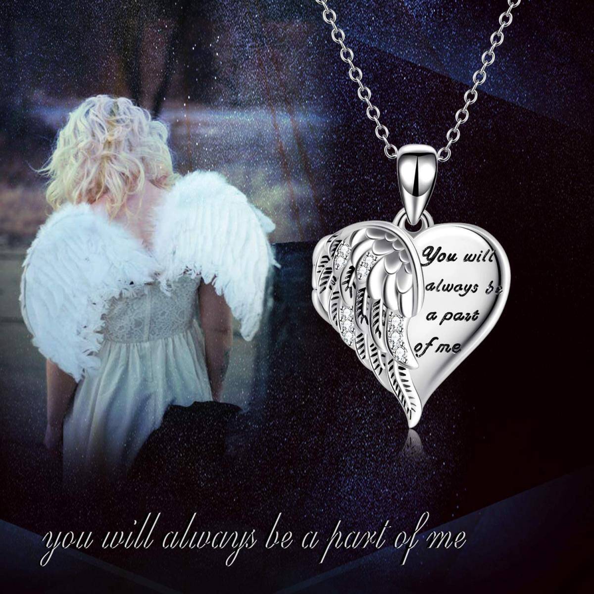 Sterling Silver Heart Angel Wing Personalized Photo Locket Necklace with Engraving Word-6