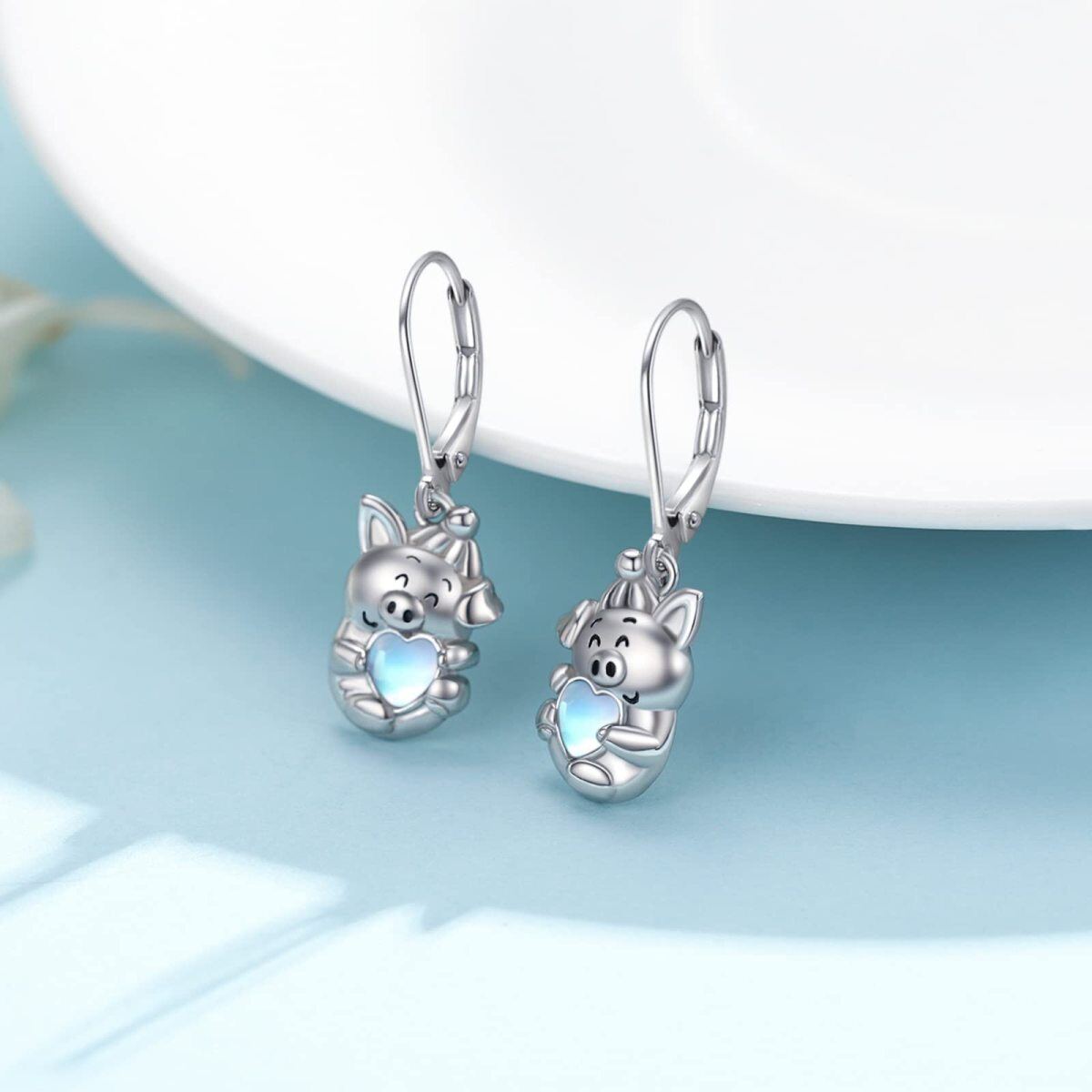 Boucles d'oreilles à levier en argent sterling en forme de cœur de pierre de lune et de co-5