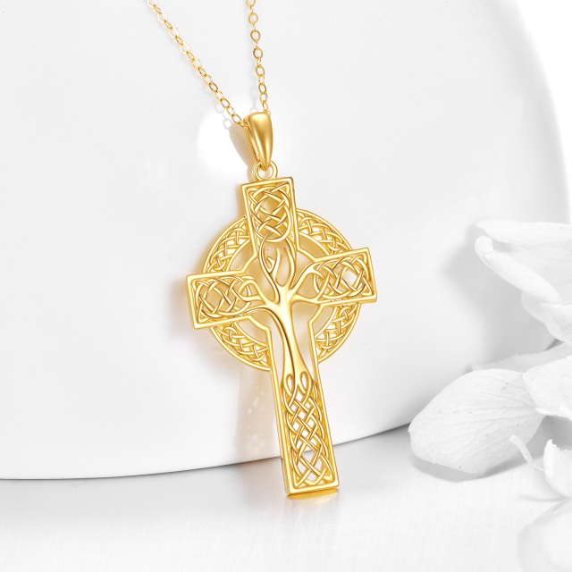 Colar de árvore da vida com cruz celta em ouro maciço 14K, joias, presentes-2