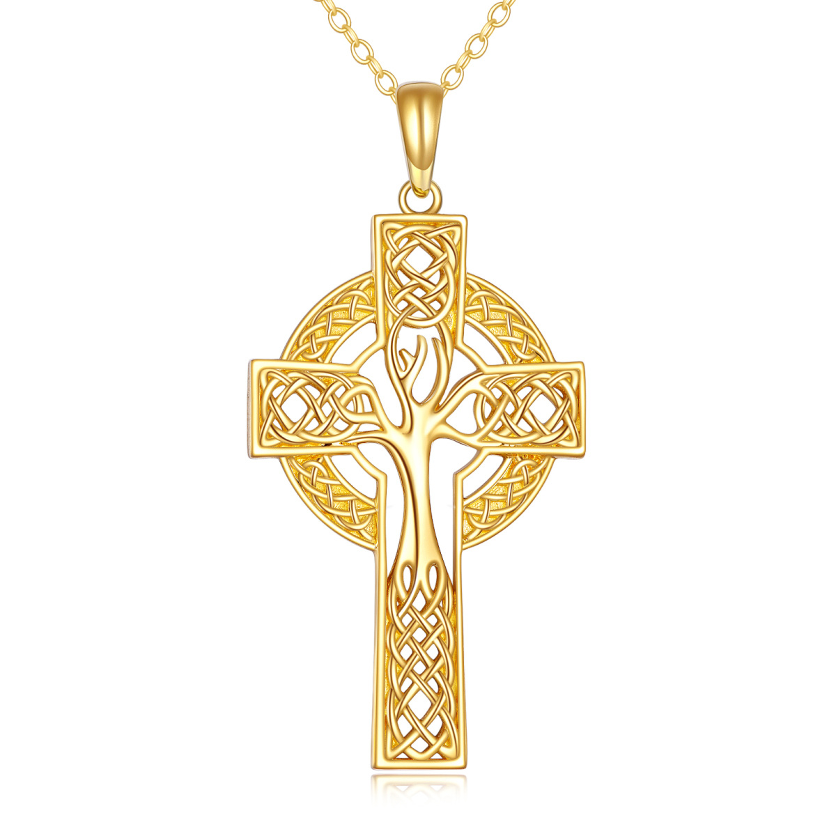 14K Gold Tree Of Life & Celtic Knot & Cross Pendant Necklace-1