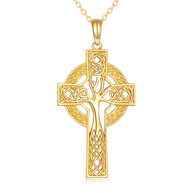 Colar de árvore da vida com cruz celta em ouro maciço 14K, joias, presentes-0
