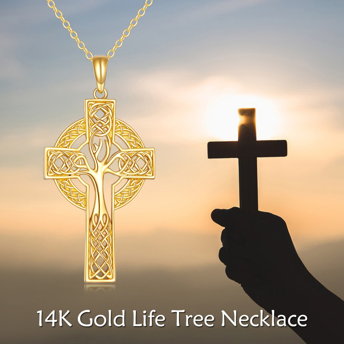 14K Gold Tree Of Life & Celtic Knot & Cross Pendant Necklace-6