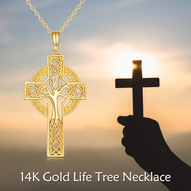 Colar de árvore da vida com cruz celta em ouro maciço 14K, joias, presentes-5