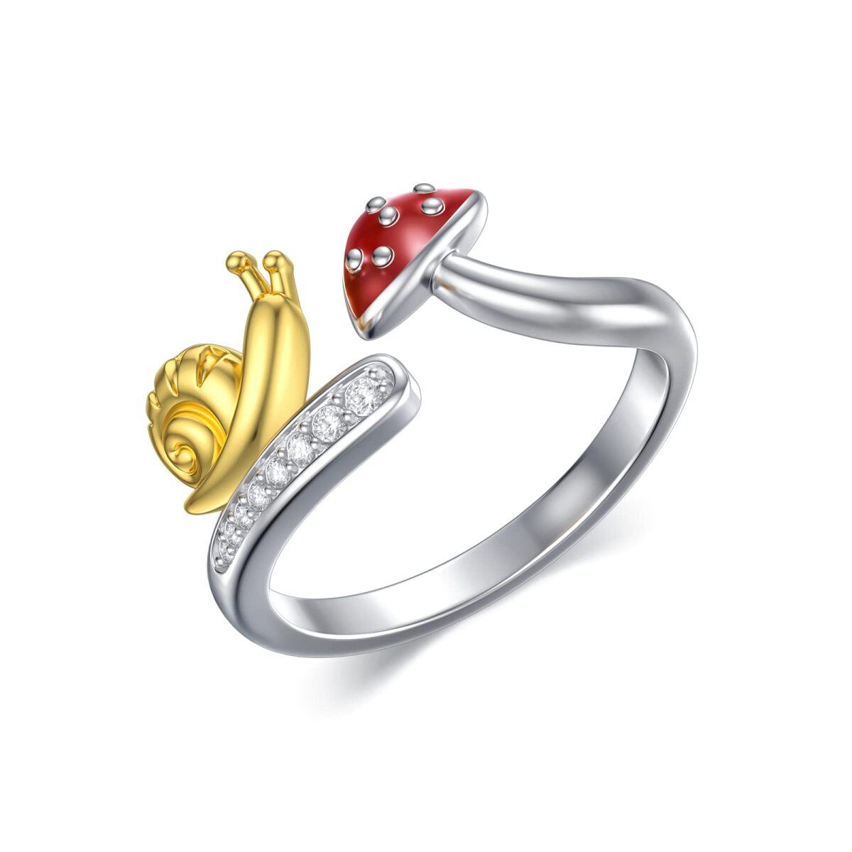 Sterling Silver Two-tone Round Cubic Zirconia Snail & Mushroom Open Ring-1