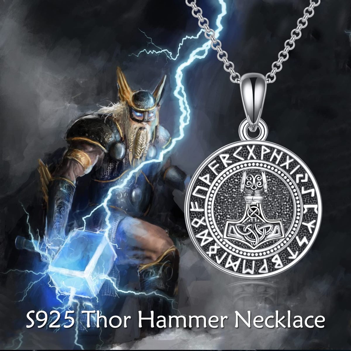 Sterling Silver Thor's Hammer & Viking Rune Pendant Necklace-6