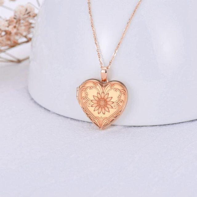 Sterling Silver with Rose Gold Plated Sunflower Heart Personalized Engraving Custom Photo Locket Necklace-2