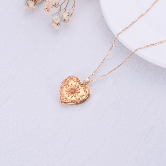 Plata de ley con baño de oro rosa Sunflower Heart Personalized Engraving Custom Photo Locket Necklace-3
