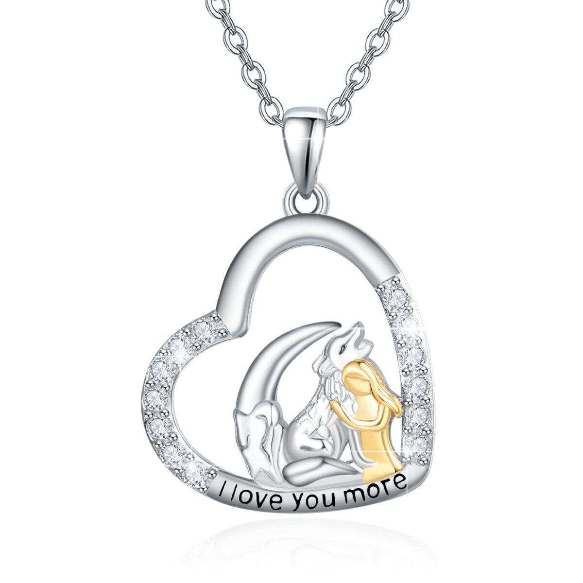 Sterling Silver Round Zircon Wolf & Heart Pendant Necklace with Engraved Word-1
