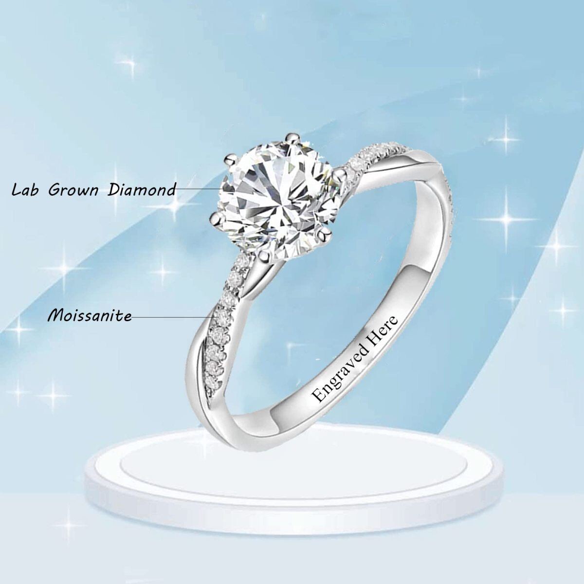 10K White Gold Diamond Personalized Engraving & Couple Engagement Ring-3