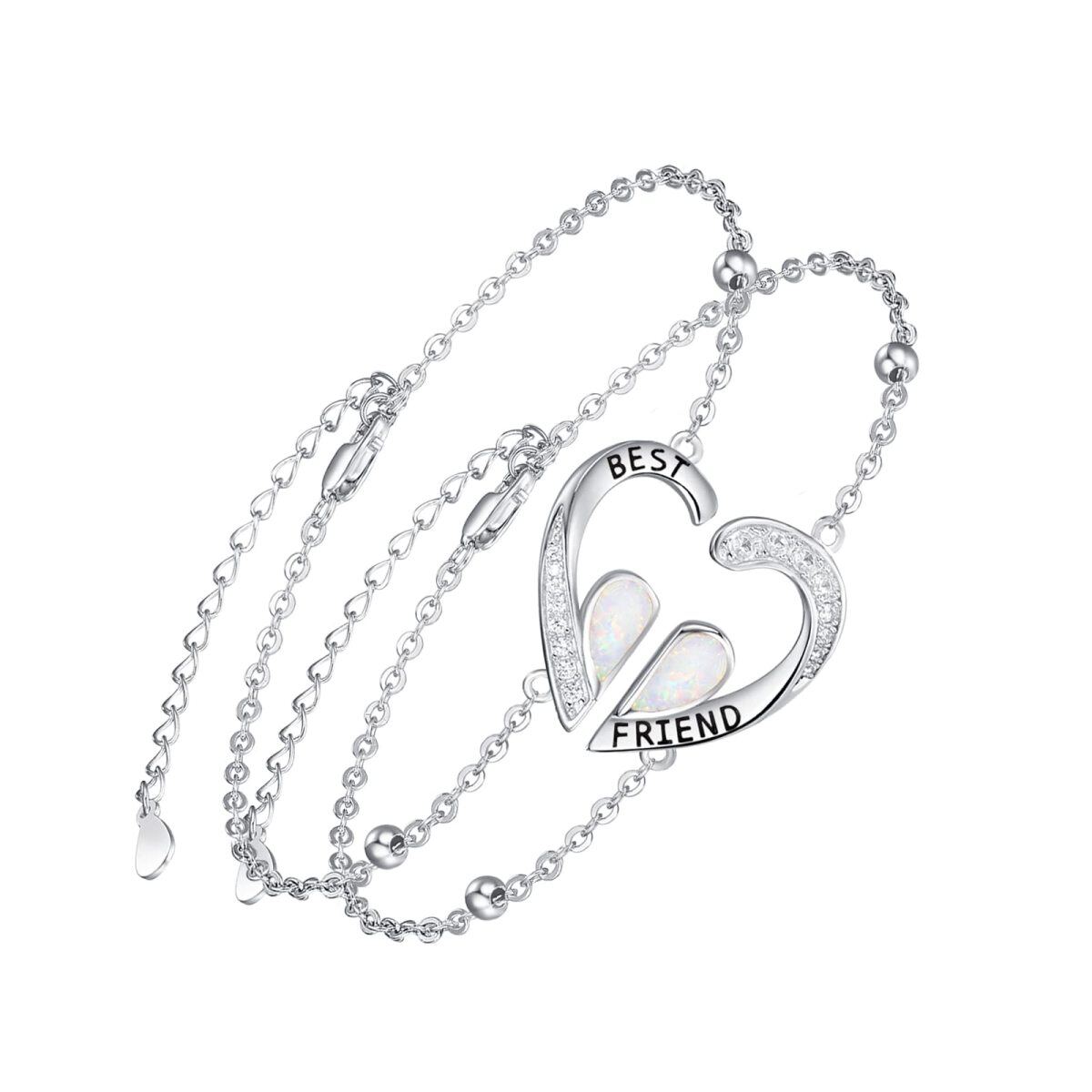 Bracelet en argent sterling avec pendentif en forme de coeur en opale et mot gravé-1