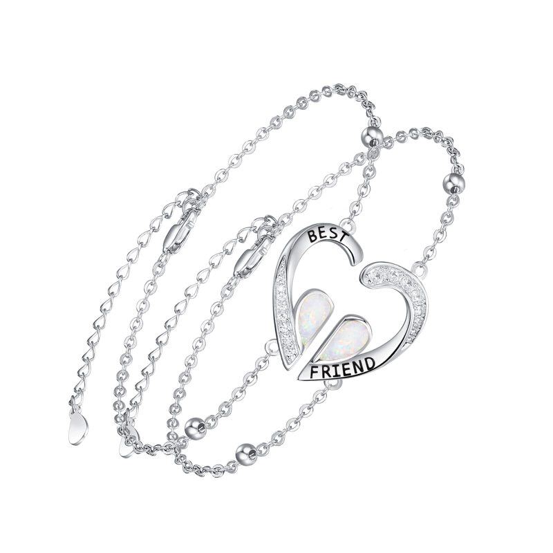 Sterling Silver Opal Heart Pendant Bracelet with Engraved Word