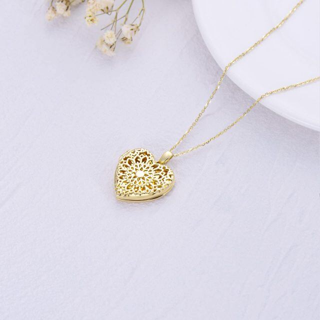 10K Gold Sunflower & Heart Personalized Photo Locket Necklace-3