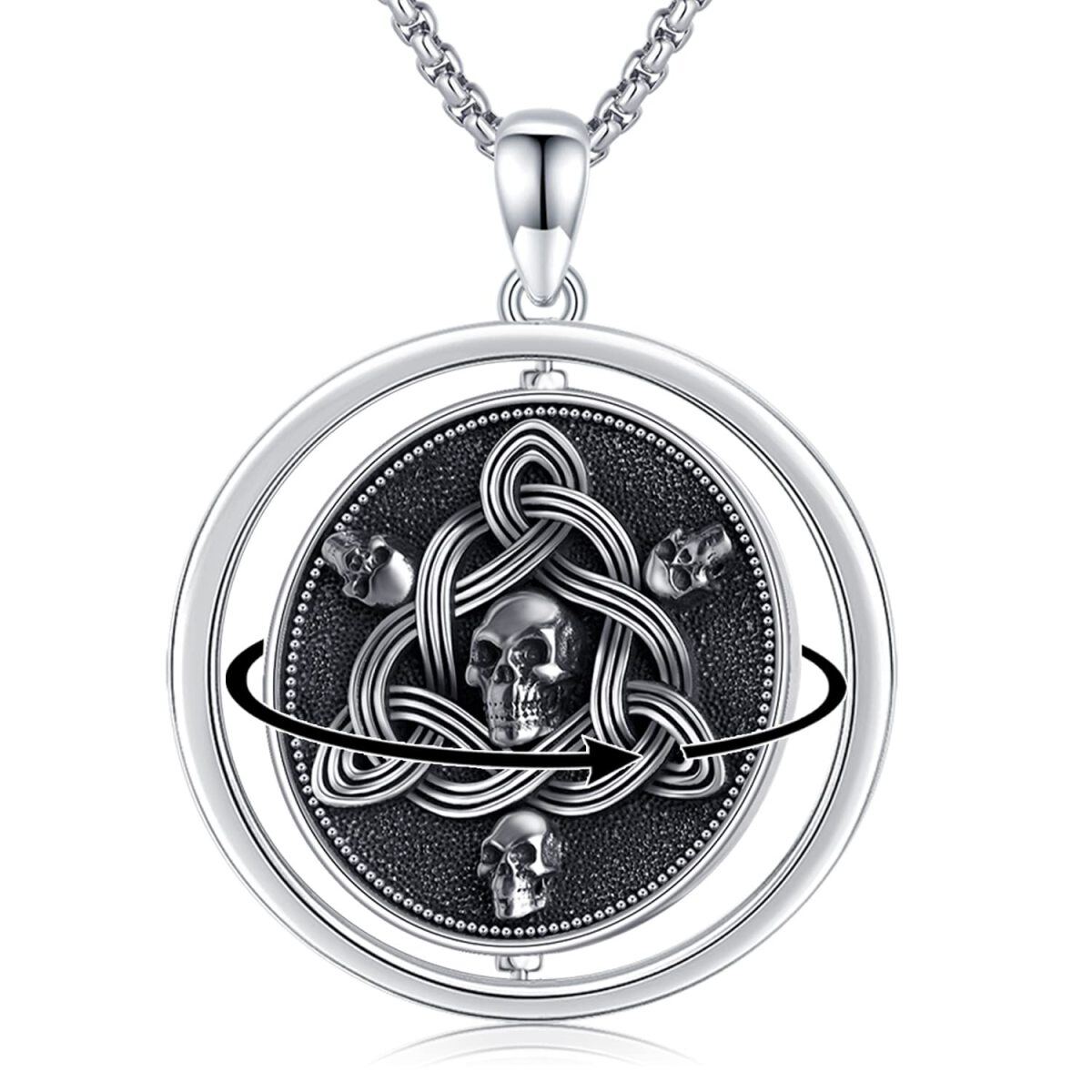 Sterling Silver Two-tone Celtic Knot & Skull Spinner Necklace for Men-1