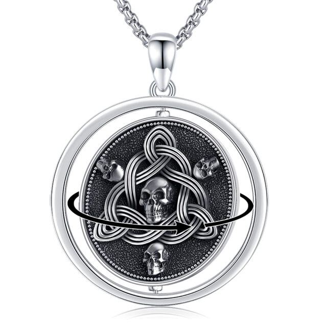 Sterling Silver Two-tone Celtic Knot & Skull Spinner Necklace for Men-0