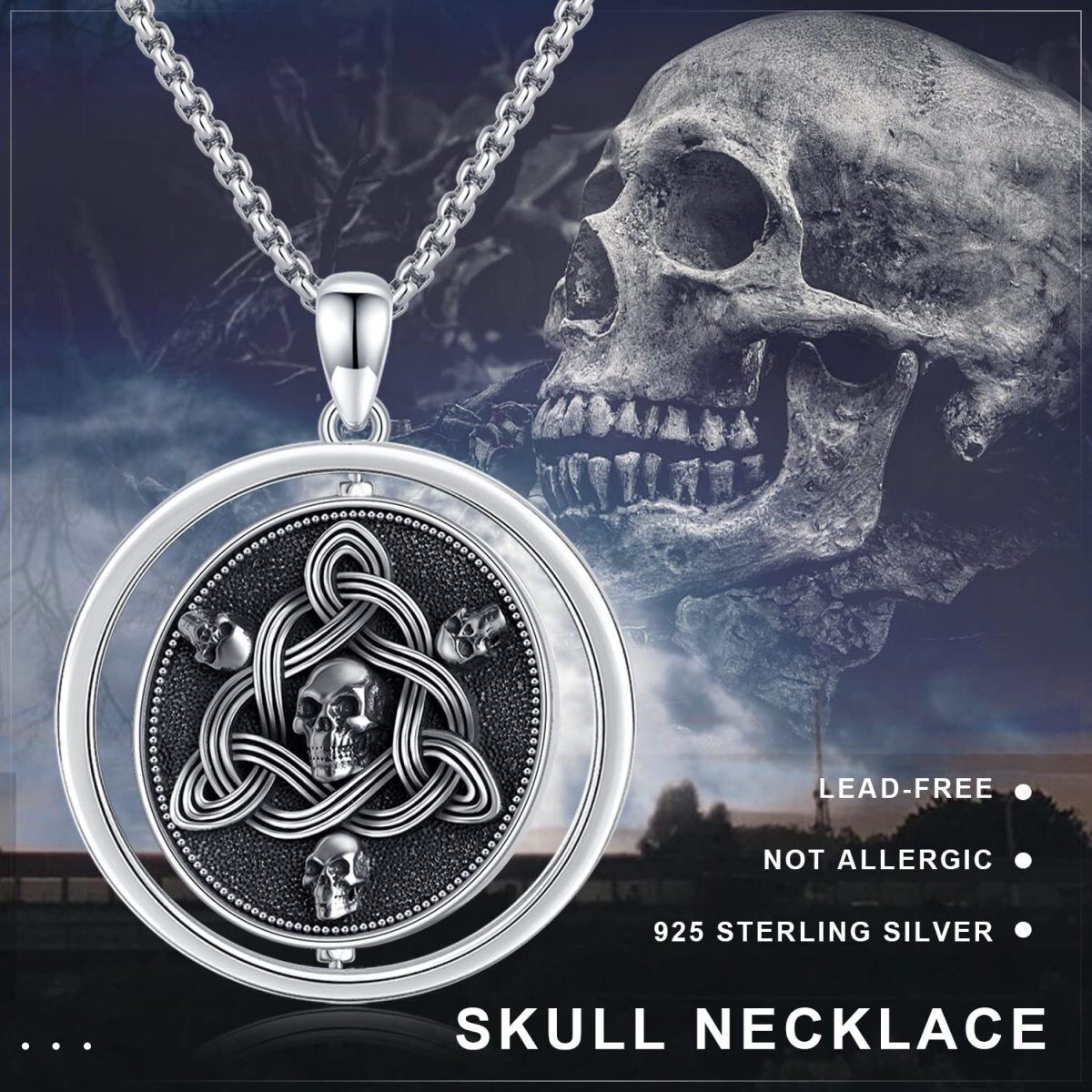Sterling Silver Two-tone Celtic Knot & Skull Spinner Necklace for Men-7