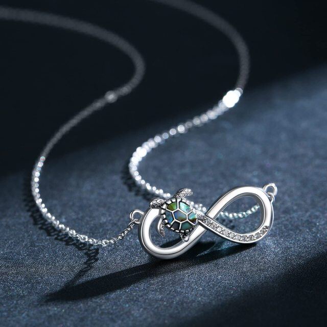 Sterling Silver Abalone Shellfish & Cubic Zirconia Sea Turtle & Infinity Symbol Pendant Necklace-3