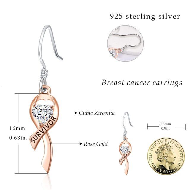 Sterling Silver Two-tone Heart Shaped Cubic Zirconia Heart & Ribbon Drop Earrings with Engraved Word-4