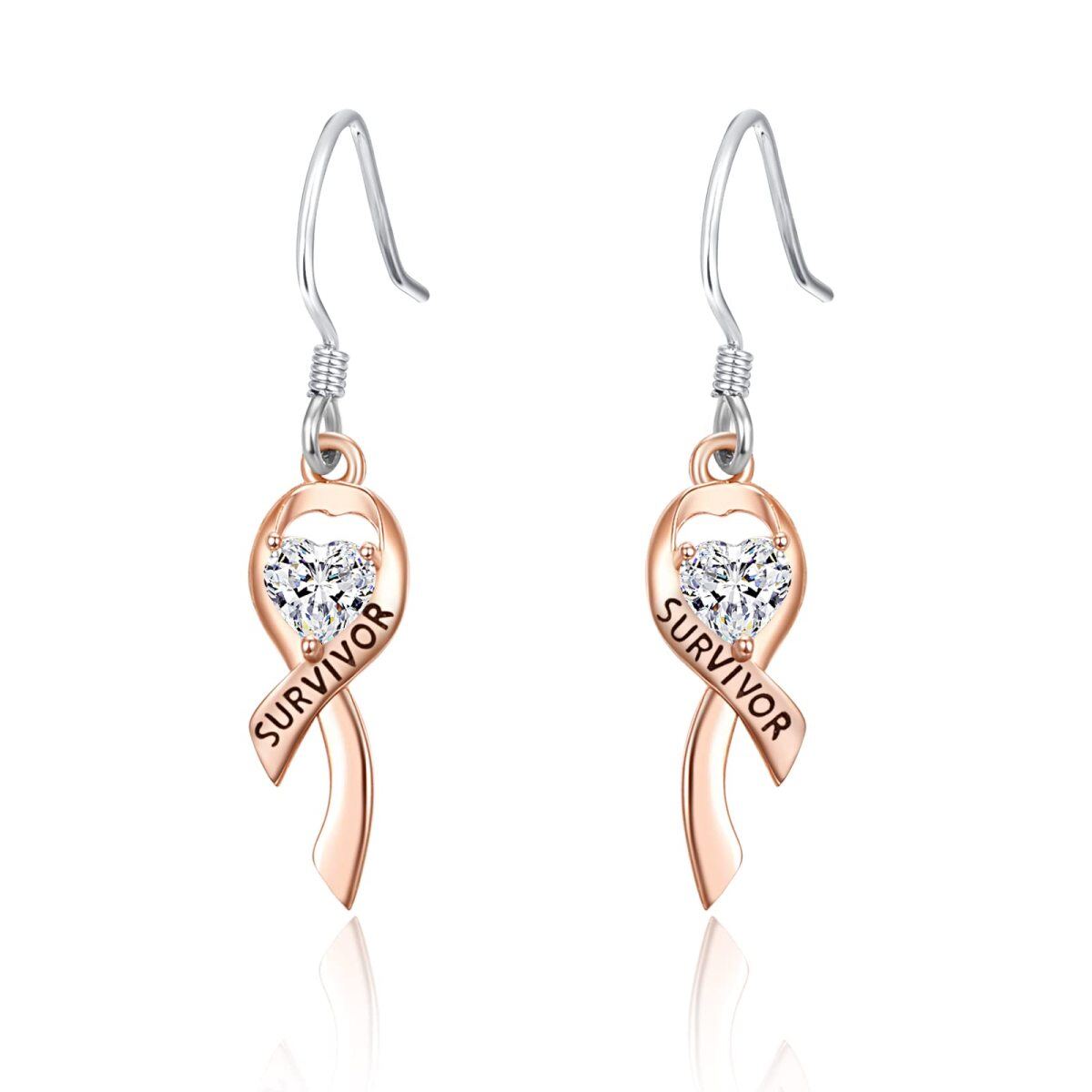 Sterling Silver Two-tone Heart Shaped Cubic Zirconia Heart & Ribbon Drop Earrings with Engraved Word-1