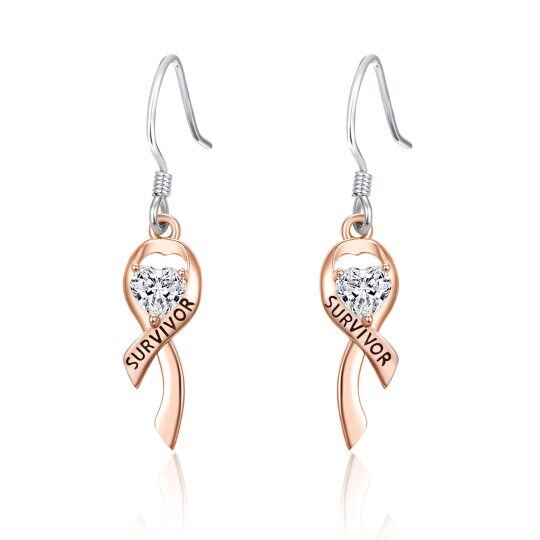 Sterling Silver Two-tone Heart Shaped Cubic Zirconia Heart & Ribbon Drop Earrings with Engraved Word