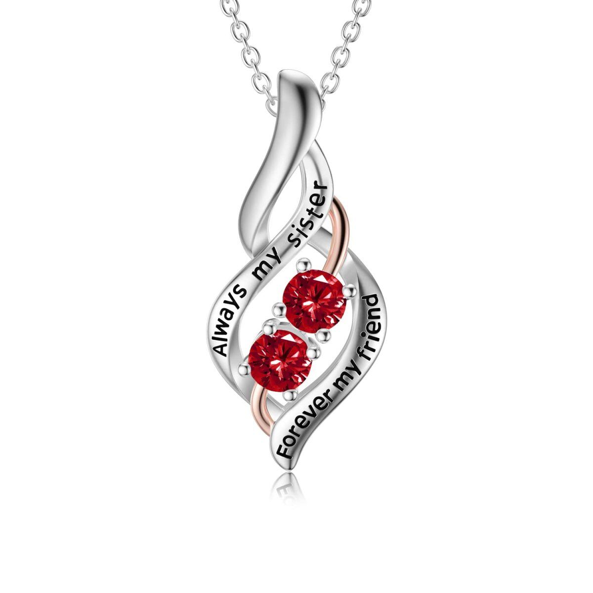 Sterling Silver Two-tone Round Zircon Sisters Pendant Necklace with Engraved Word-1