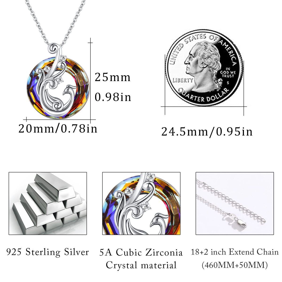 Sterling Silber Phoenix Kristall Anhänger Halskette-6