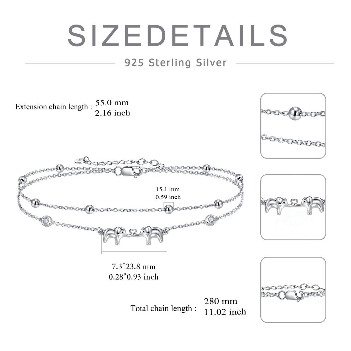 Sterling Silver Circular Shaped Cubic Zirconia Elephant Layerered Bracelet-6