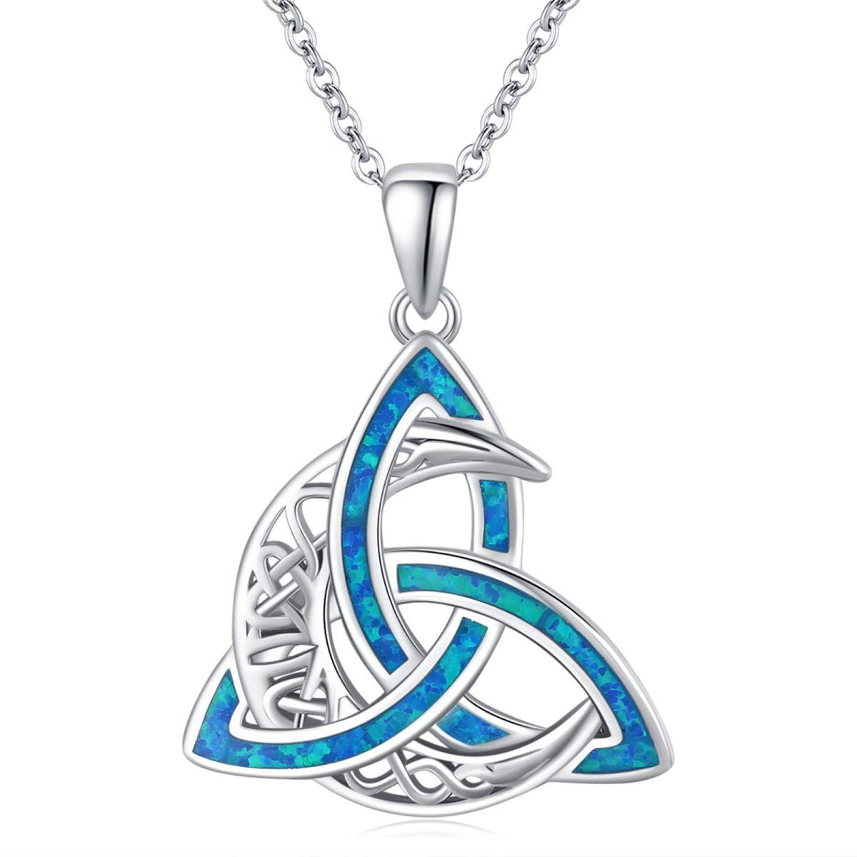 Sterling Silver Opal Celtic Knot & Moon Pendant Necklace-1