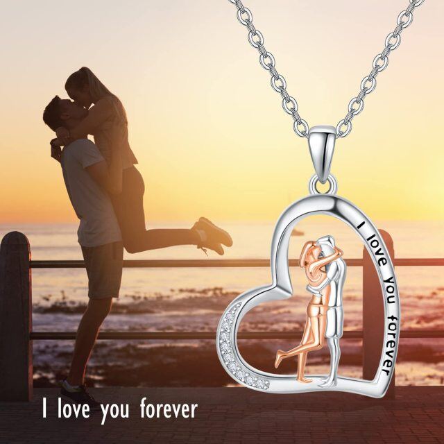 Sterling Silver Two-tone Circular Shaped Cubic Zirconia Couple & Heart Pendant Necklace with Engraved Word-3