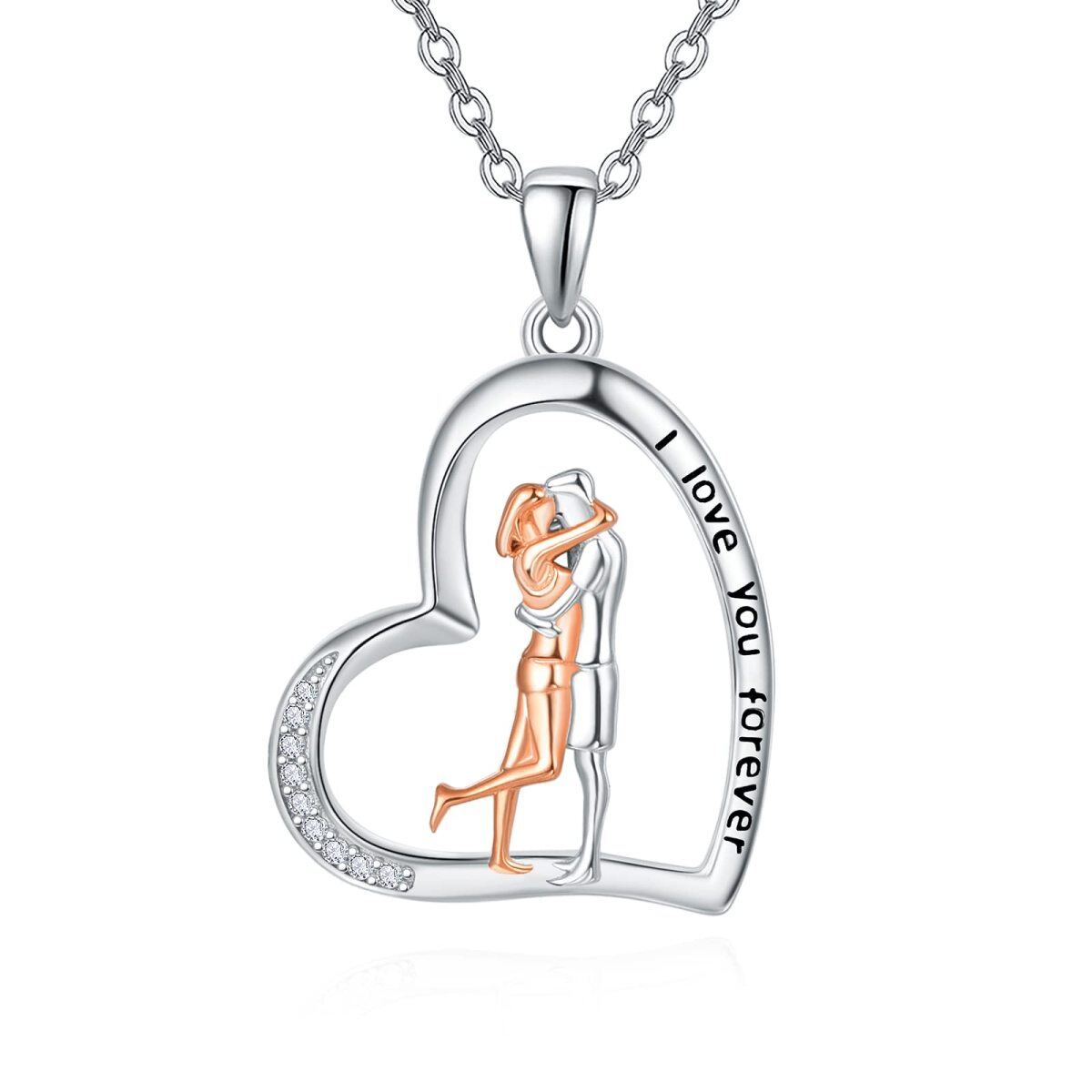 Sterling Silver Two-tone Circular Shaped Cubic Zirconia Couple & Heart Pendant Necklace with Engraved Word-1