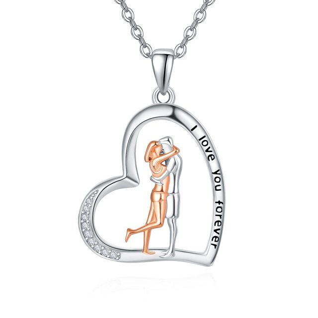 Sterling Silver Two-tone Circular Shaped Cubic Zirconia Couple & Heart Pendant Necklace with Engraved Word-0