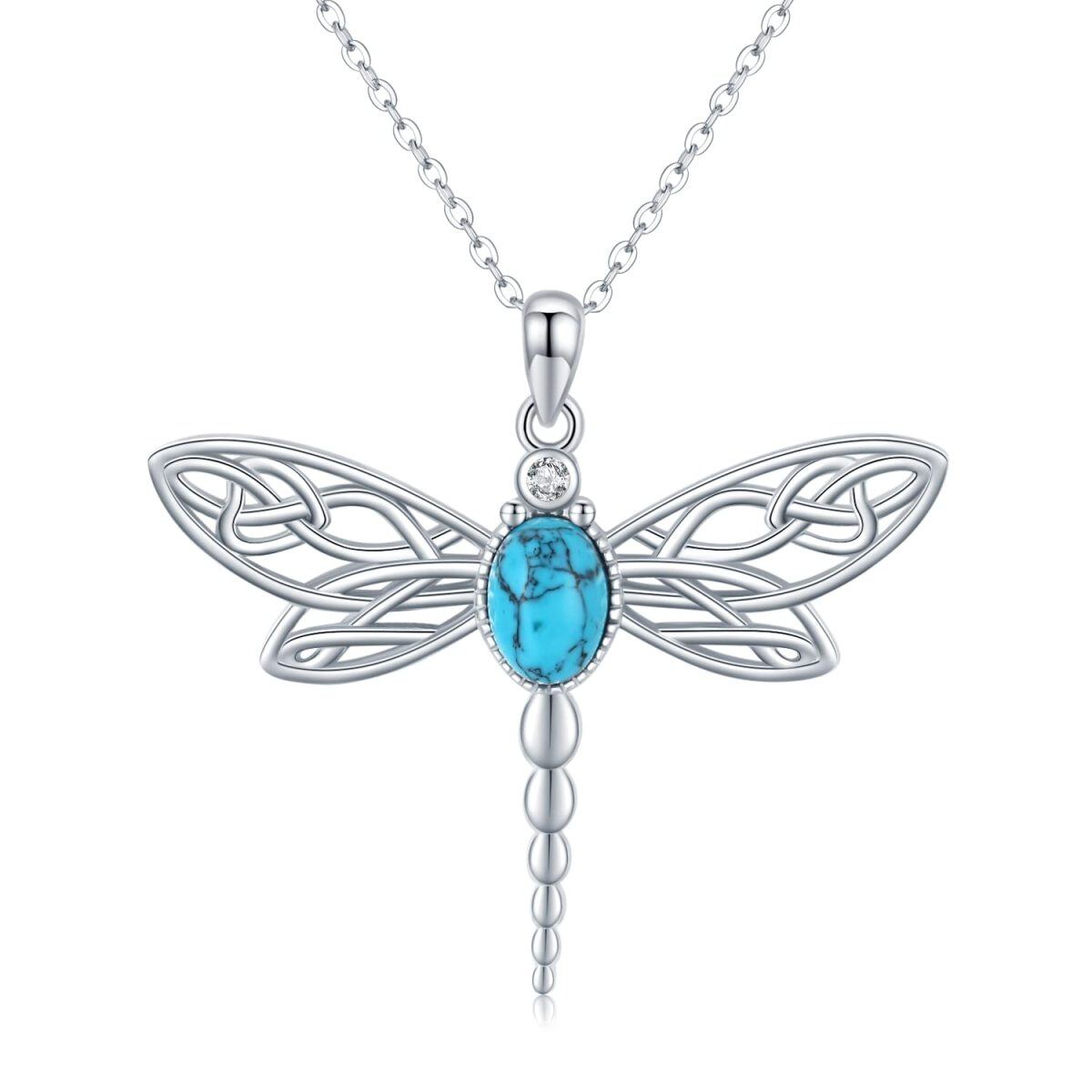 Sterling Silver Circular Shaped Cubic Zirconia & Turquoise Dragonfly Pendant Necklace-1