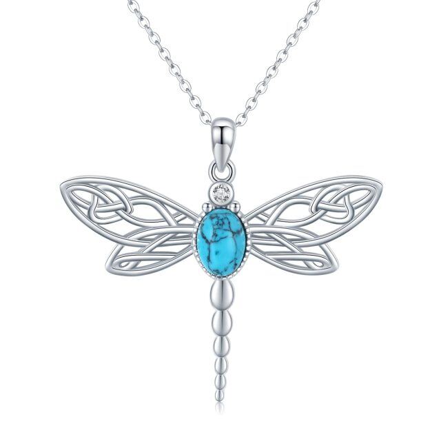 Sterling Silver Circular Shaped Cubic Zirconia & Turquoise Dragonfly Pendant Necklace-0