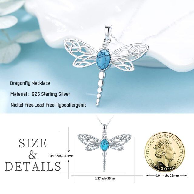Sterling Silver Circular Shaped Cubic Zirconia & Turquoise Dragonfly Pendant Necklace-5