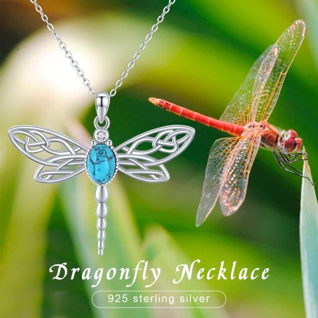 Sterling Silver Circular Shaped Cubic Zirconia & Turquoise Dragonfly Pendant Necklace-4