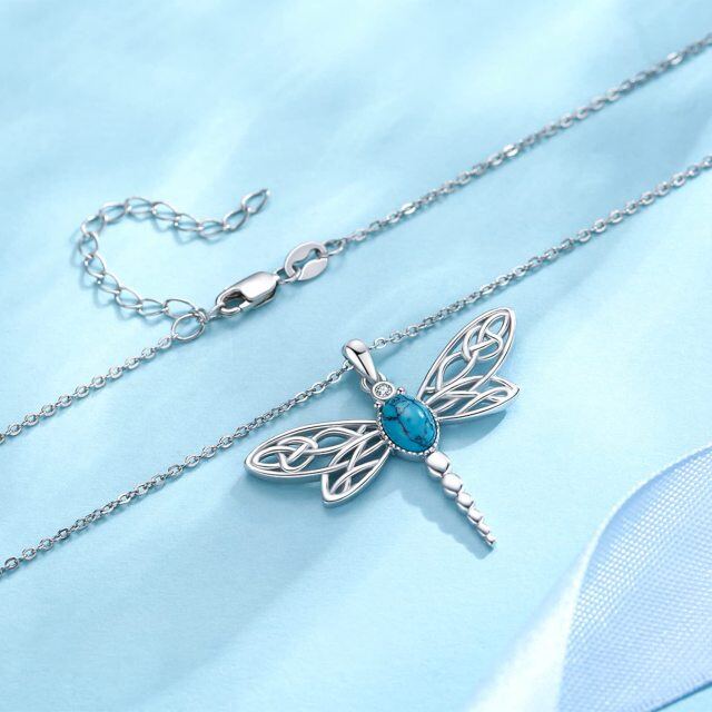 Sterling Silver Circular Shaped Cubic Zirconia & Turquoise Dragonfly Pendant Necklace-3