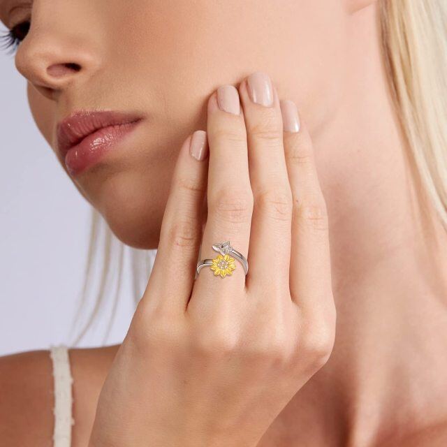 Sterling Silver with Yellow Gold Plated Circular Shaped Zircon Sunflower & Celtic Knot Open Ring with Engraved Word-1