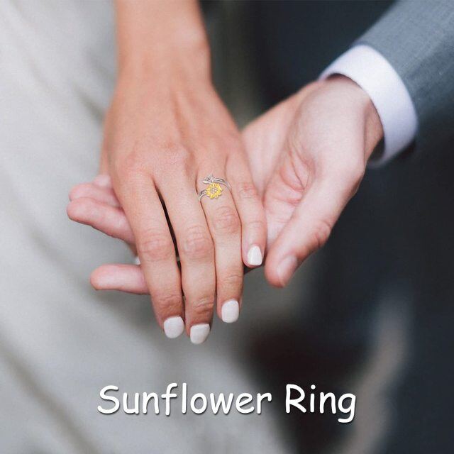 Sterling Silver with Yellow Gold Plated Circular Shaped Zircon Sunflower & Celtic Knot Open Ring with Engraved Word-2