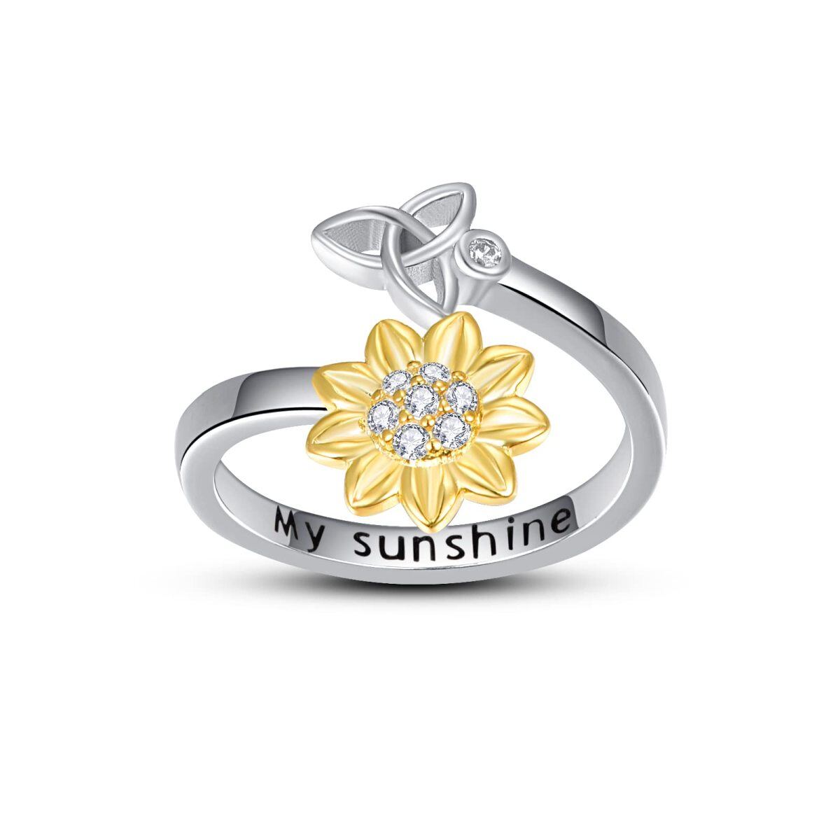 Offener Ring aus Sterlingsilber mit Gelbgold-Plattierung und kreisförmigem Zirkonia in Sonnenblumenform mit keltischem Knoten und eingraviertem Wort-1