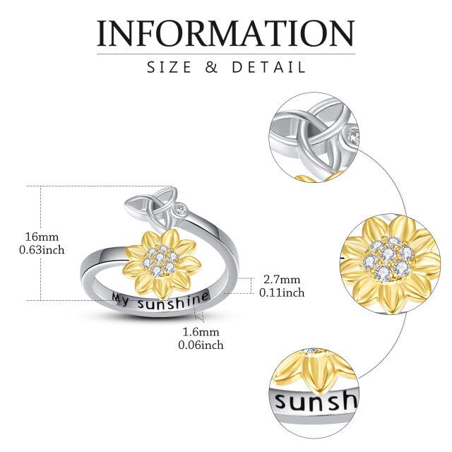 Sterling Silver with Yellow Gold Plated Circular Shaped Zircon Sunflower & Celtic Knot Open Ring with Engraved Word-4