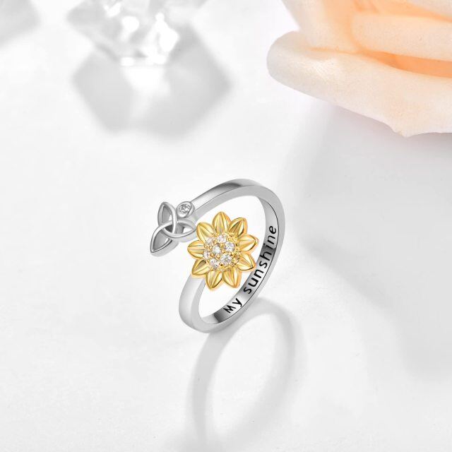 Sterling Silver with Yellow Gold Plated Circular Shaped Zircon Sunflower & Celtic Knot Open Ring with Engraved Word-3