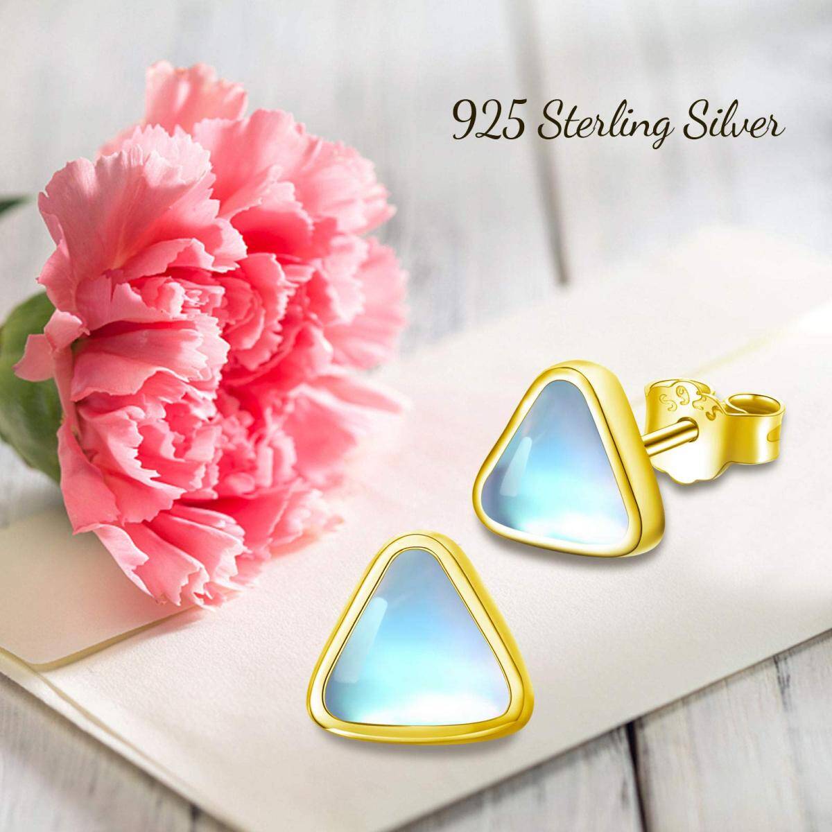Sterling Silver with Yellow Gold Plated Moonstone Triangle Stud Earrings-5