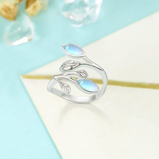 Sterling Silver Oval Shaped Moonstone Leaves & Olive Branch Open Ring-4