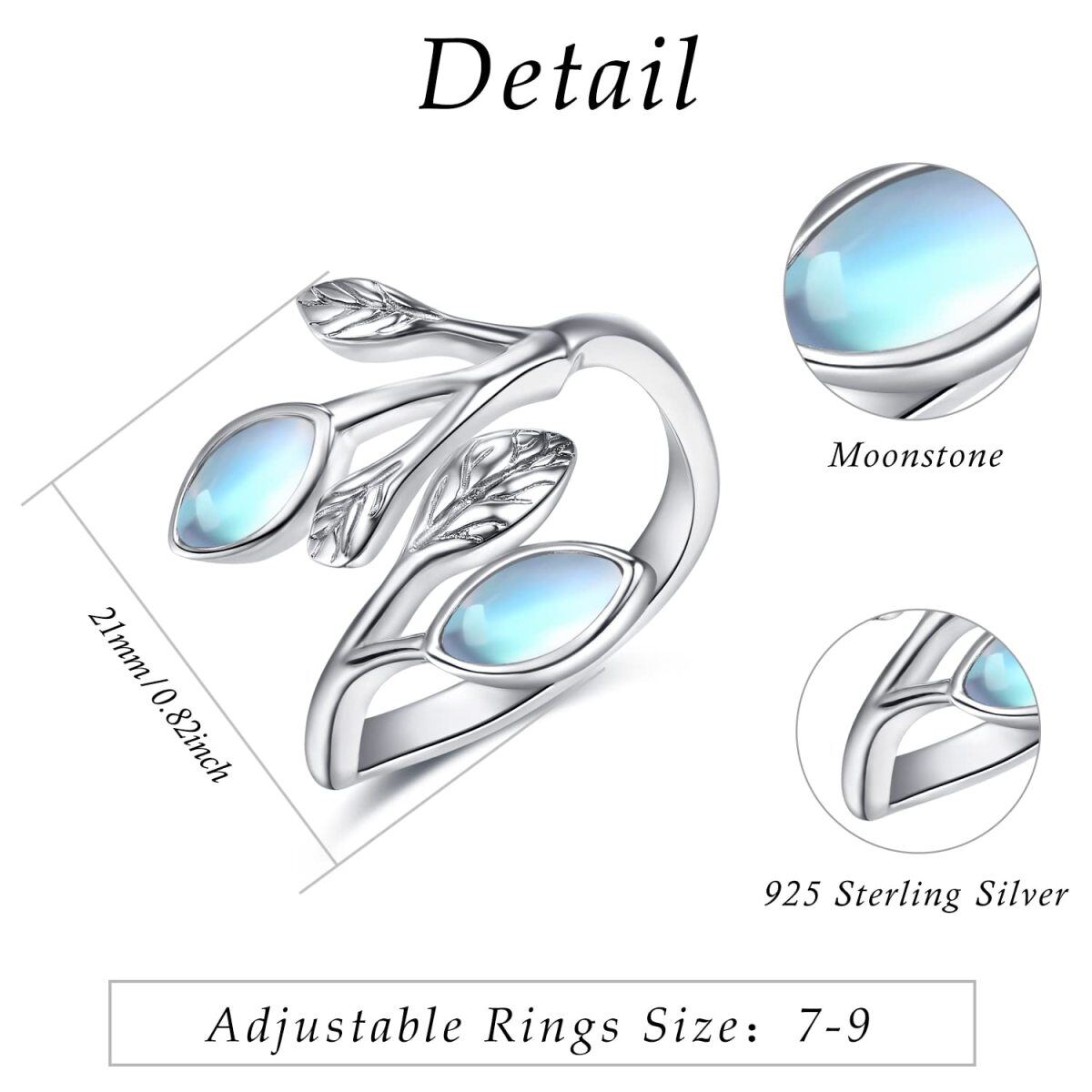 Sterling Silver Oval Shaped Moonstone Leaves & Olive Branch Open Ring-6