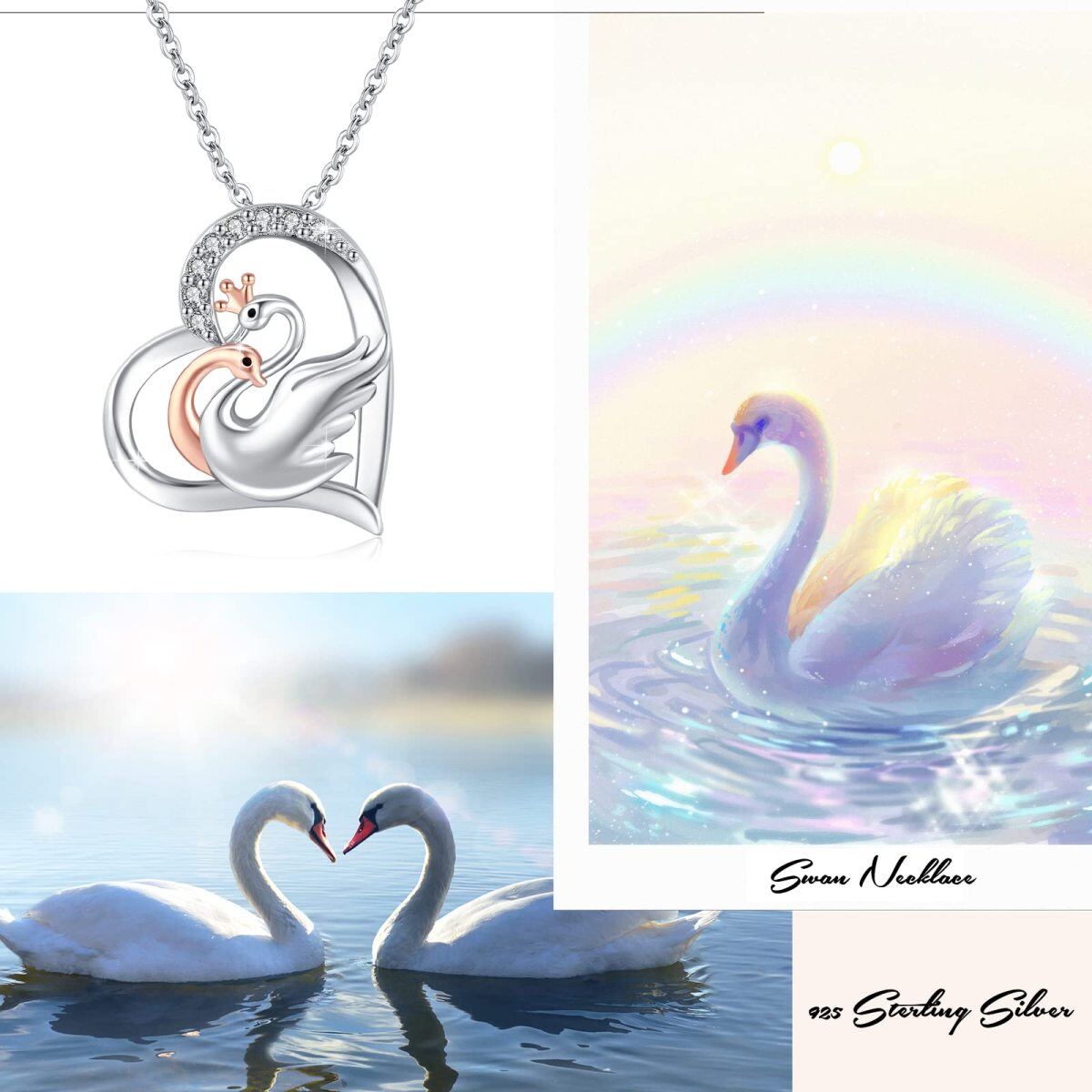 Sterling Silver Two-tone Cubic Zirconia Swan Pendant Necklace-5