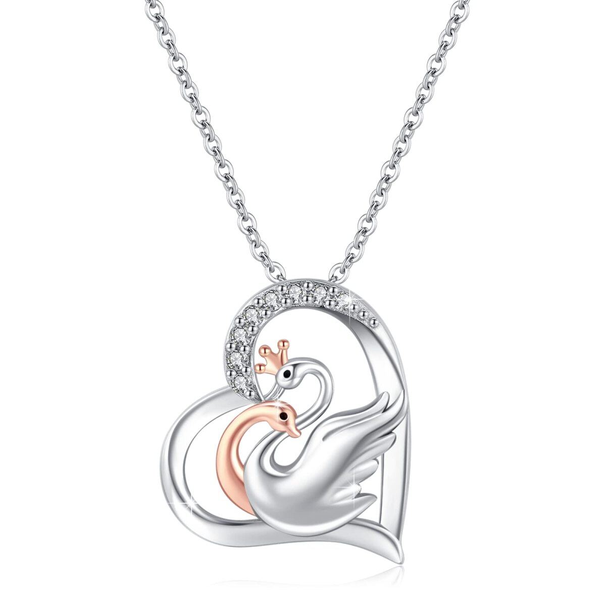 Sterling Silver Two-tone Cubic Zirconia Swan Pendant Necklace-1