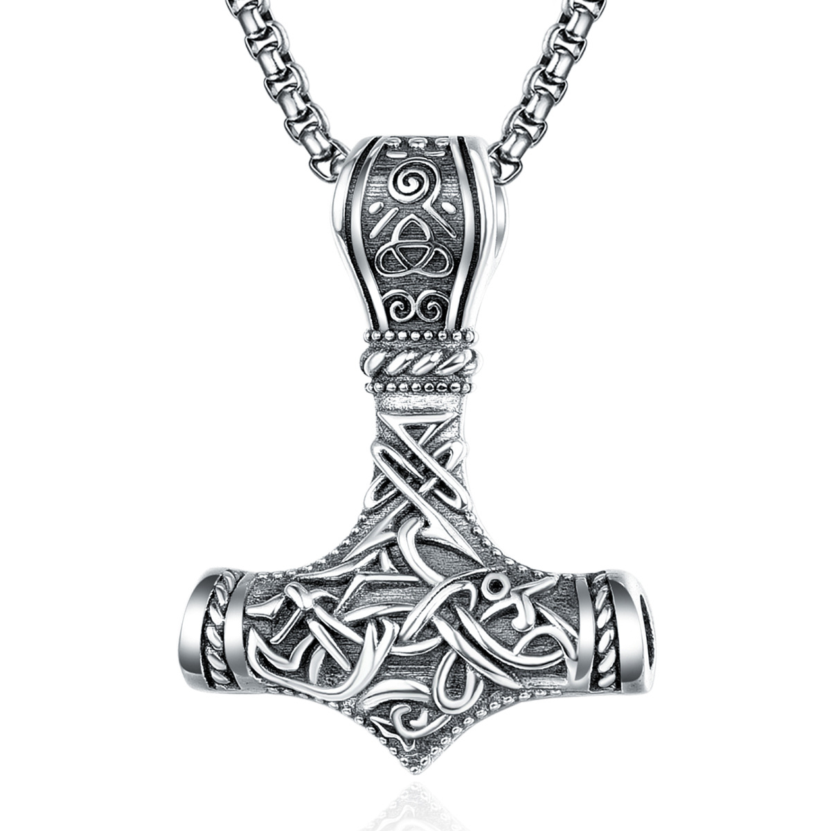 Sterling Silver Thor's Hammer & Viking Rune Pendant Necklace for Men-1