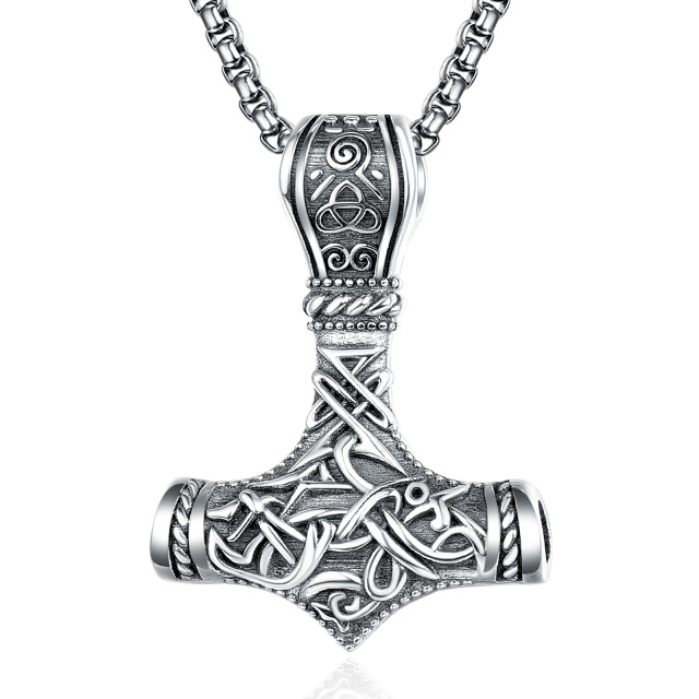 Sterling Silver Thor's Hammer & Viking Rune Pendant Necklace for Men-0