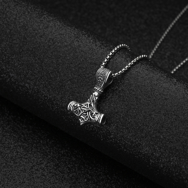 Sterling Silver Thor's Hammer & Viking Rune Pendant Necklace for Men-2